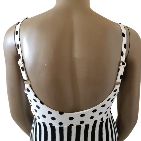 Pin-Up Polka Dot Striped Tie Front Keyhole Cheeky 1-Pc Swimsuit XL White Black - Picture 14 of 16